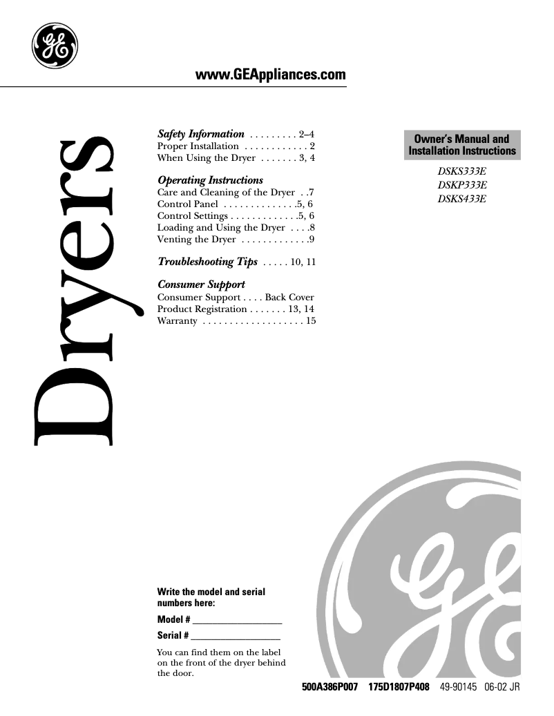 Page 1 de la notice Manuel d'utilisation et d'entretien GE DSKS433ETAB