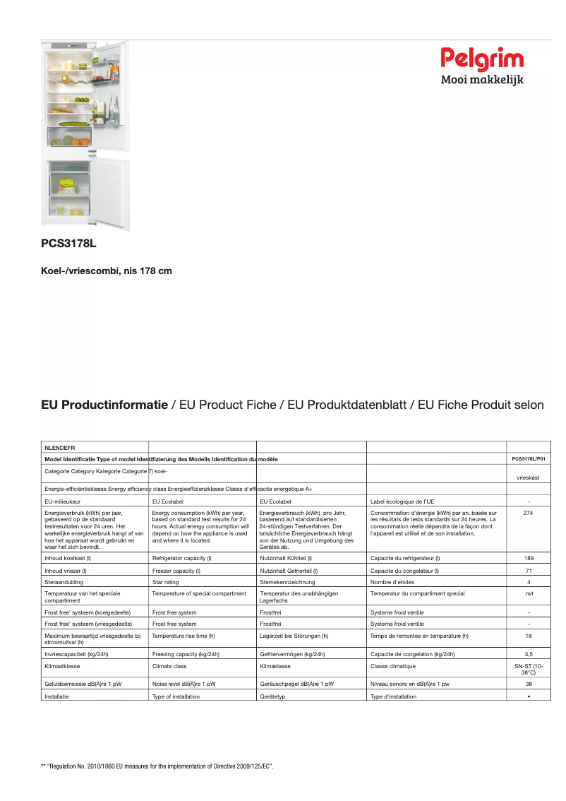 Page 1 de la notice Fiche technique Pelgrim PCS3178L