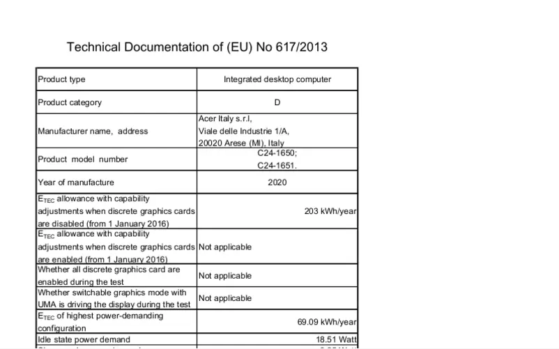 Page 1 de la notice Fiche technique Acer Aspire C24