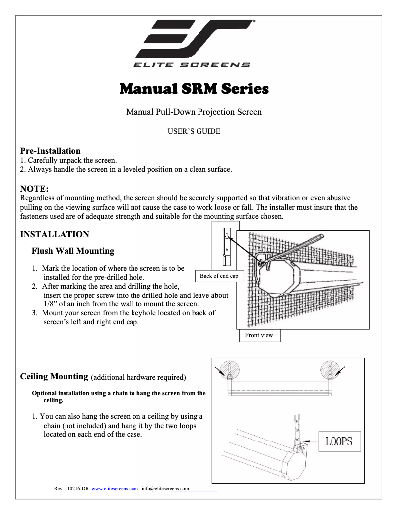 Page 1 de la notice Manuel utilisateur Elite Screens Manual M113NWS1