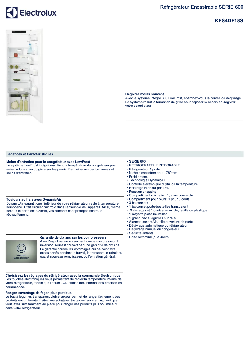 Page 1 de la notice Fiche technique Electrolux KFS4DF18S