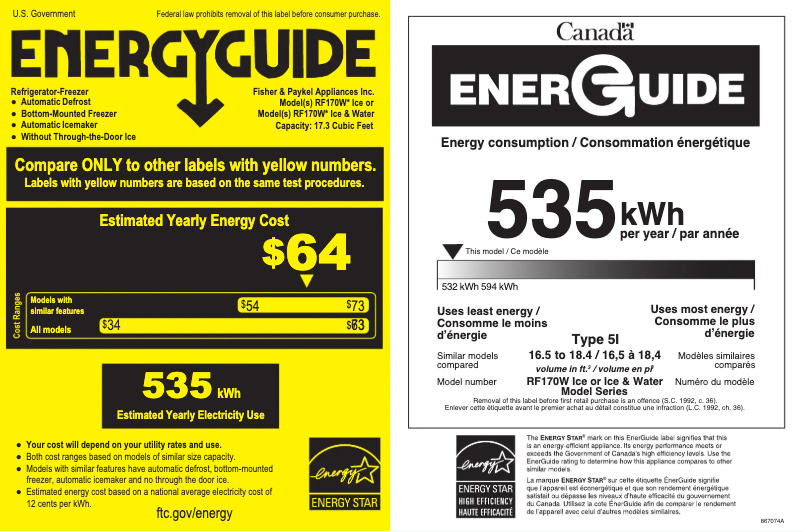Page n°1 - Label énergétique Fisher & Paykel RF170WLKJX6