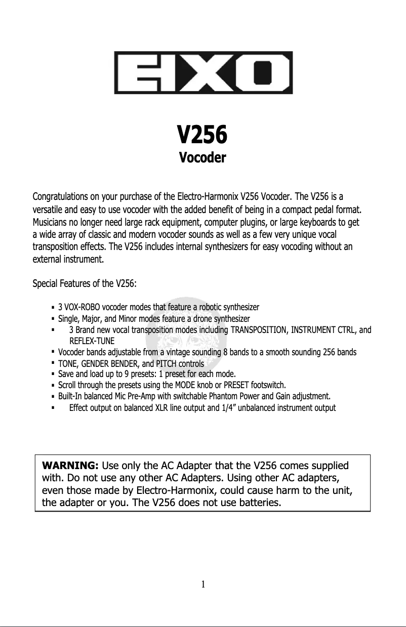 Page 1 de la notice Manuel utilisateur Electro Harmonix V256 Vocoder