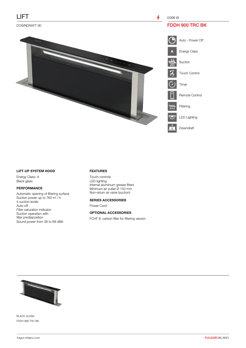 Page 1 de la notice Fiche technique Fulgor Milano FDDH 900 TRC X
