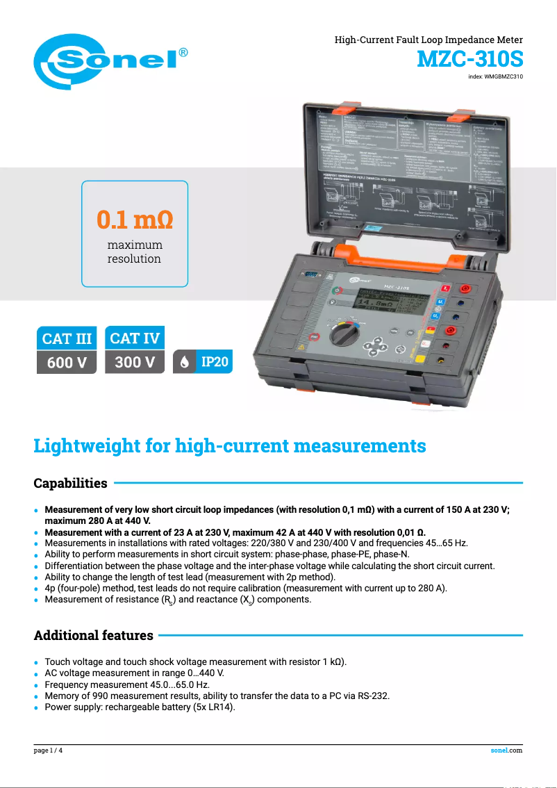 Página 1 del manual Ficha técnica Sonel MZC-310S