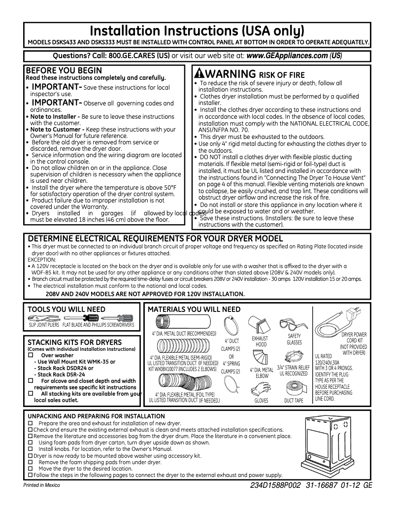 Page 1 of the manual Installation Guide GE DSKP333ECW