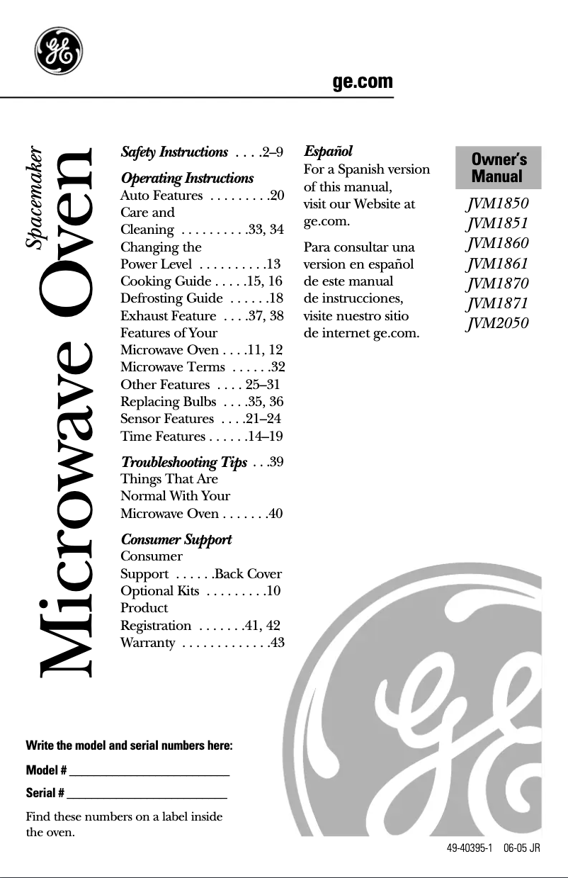 Page 1 de la notice Manuel d'utilisation et d'entretien GE JVM1861SF