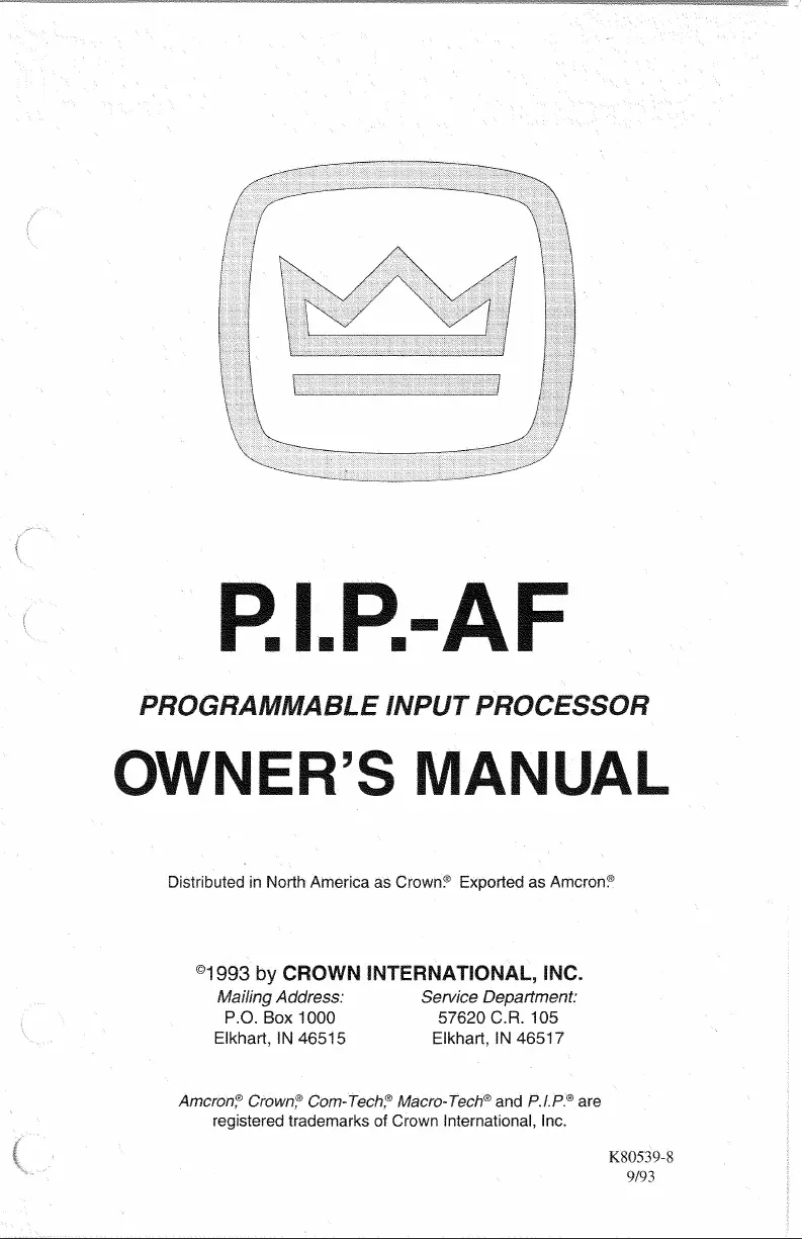 Page 1 de la notice Manuel utilisateur Crown P.I.P.-AF