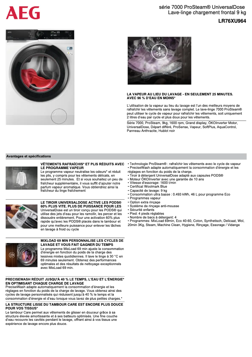 Page 1 de la notice Fiche technique AEG LR76XU964