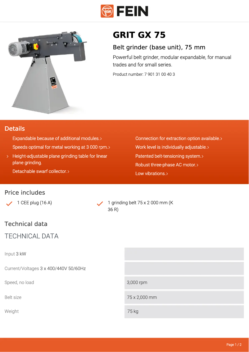 Página 1 del manual Ficha técnica Fein GRIT GX 75