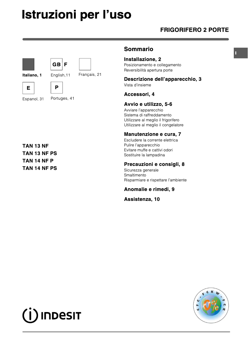 Page 1 de la notice Manuel utilisateur Indesit TAN 14 NF PS