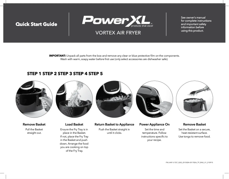 Page 1 de la notice Guide de démarrage rapide PowerXL Vortex Air Fryer ID1702A