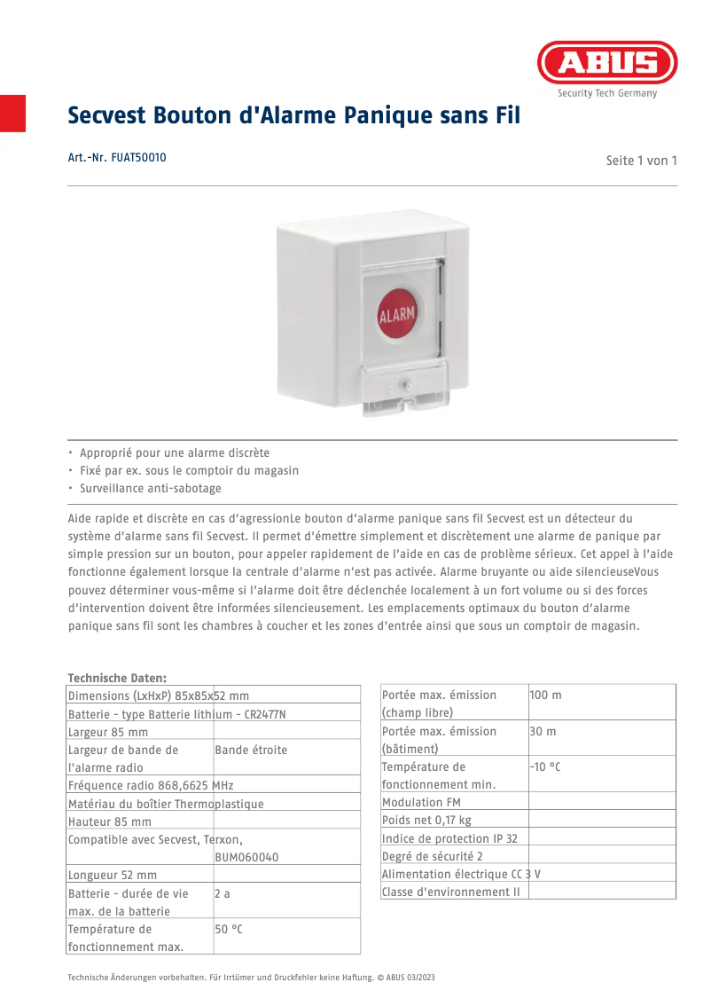 Page n°1 - Fiche technique Abus FUAT50010