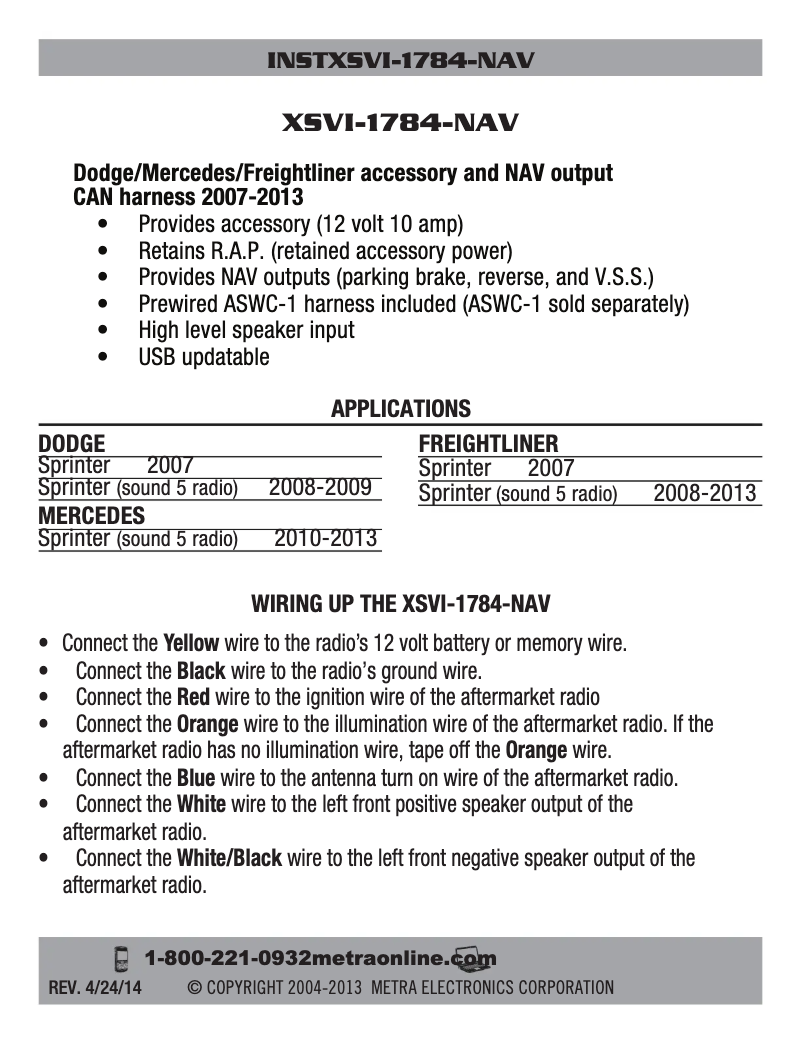 Page n°1 - Manuel utilisateur Metra XSVI-1784-NAV