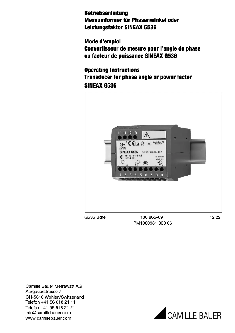 Page n°1 - Manuel utilisateur Camille Bauer SINEAX G536