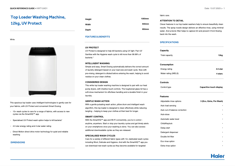 Page 1 de la notice Label énergétique Haier HWT12AD1