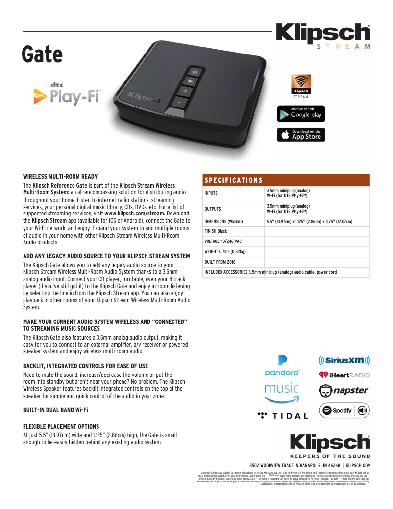 Page 1 de la notice Fiche technique Klipsch Gate