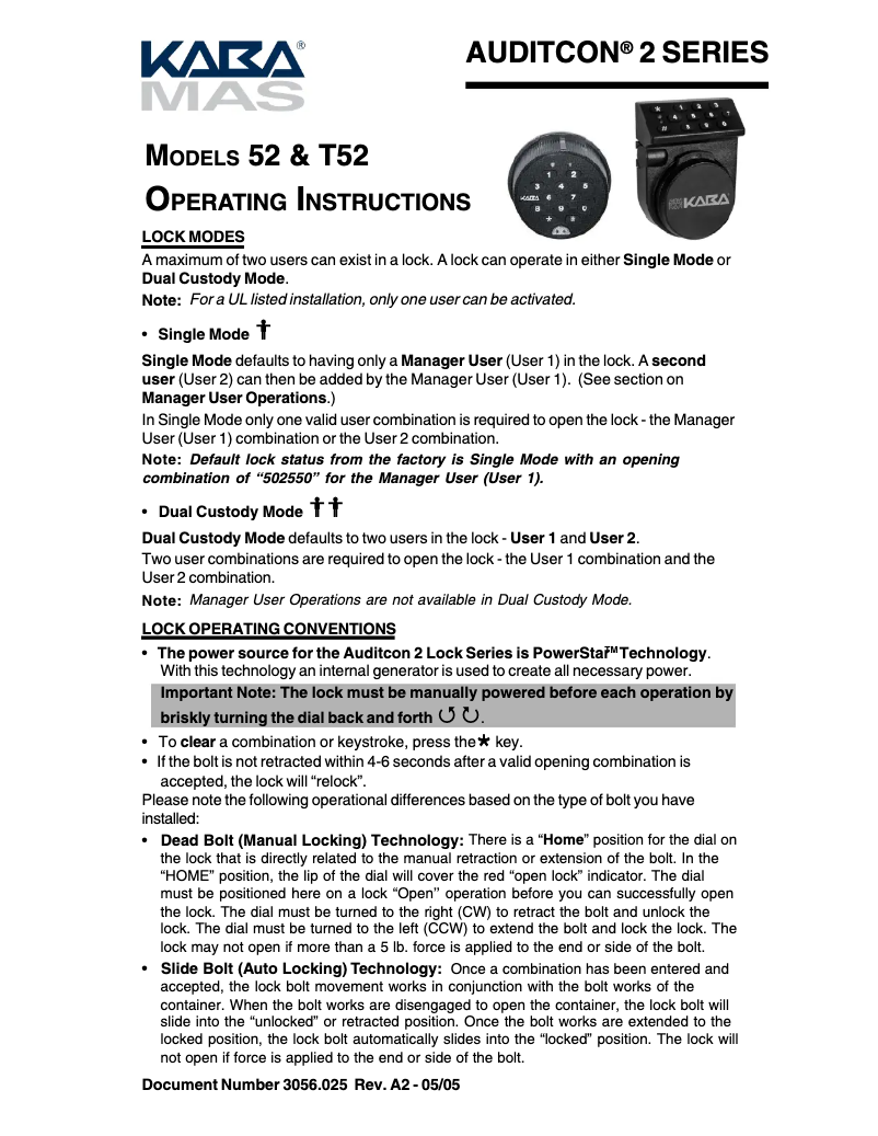 Page 1 de la notice Manuel utilisateur Dormakaba Auditcon 52
