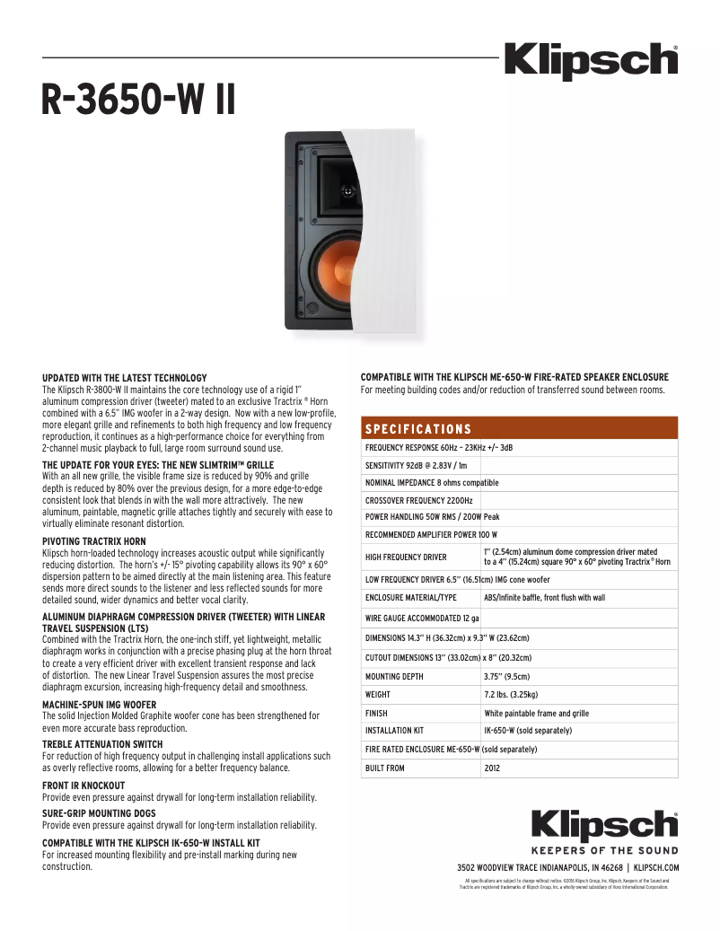 Page 1 de la notice Fiche technique Klipsch R-3650-W
