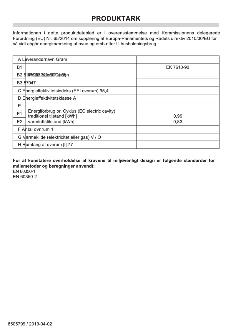 Page 1 of the manual Energy Label Gram EK 7610-90
