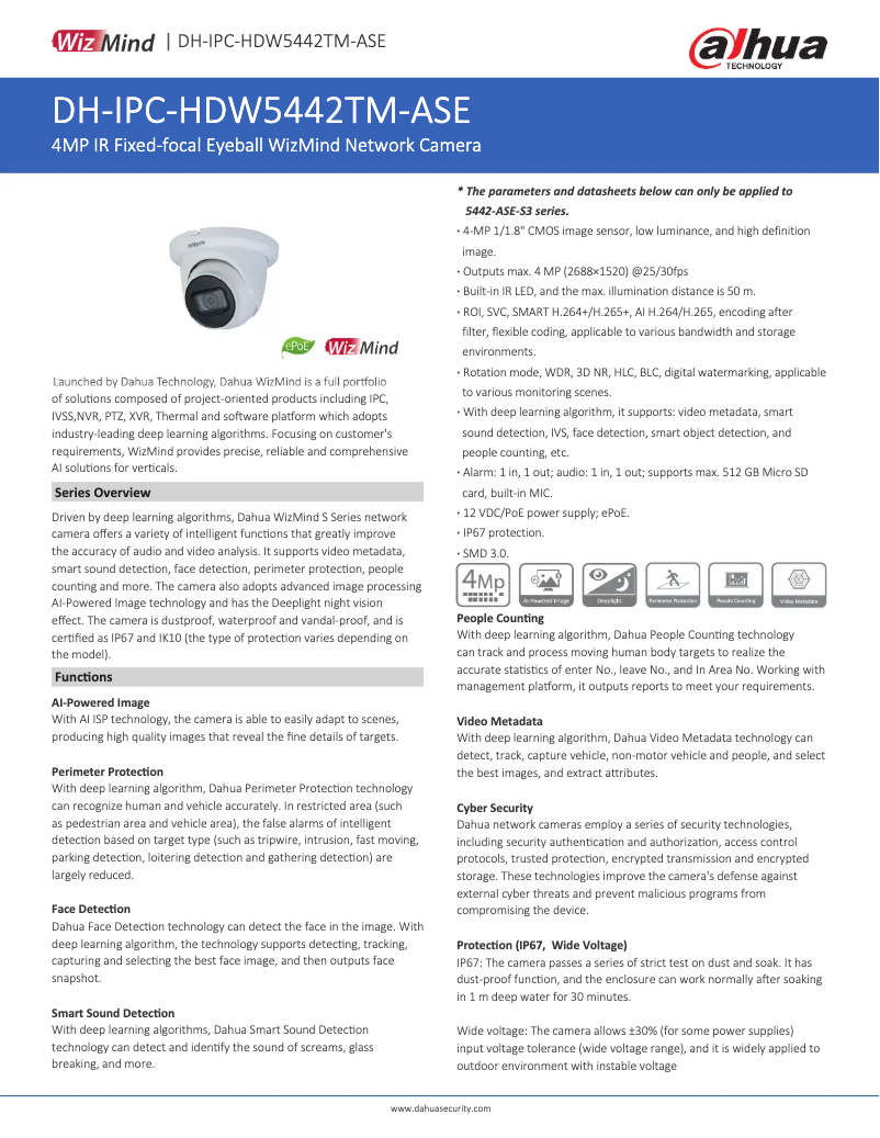 Page 1 de la notice Fiche technique Dahua Technology IPC-HDW5442TM-ASE