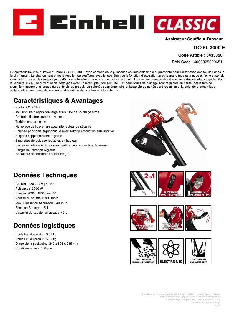 Page 1 de la notice Fiche technique Einhell GC-EL 3000 E