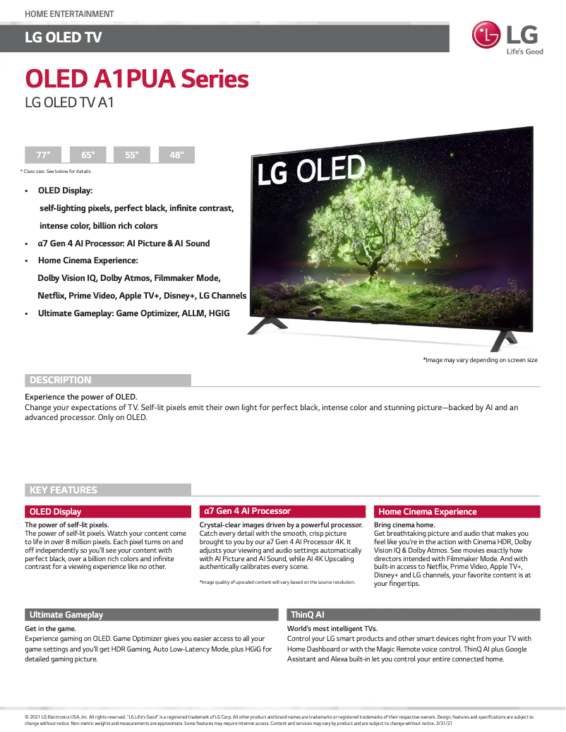 Página 1 del manual Ficha técnica LG OLED77A1PUA