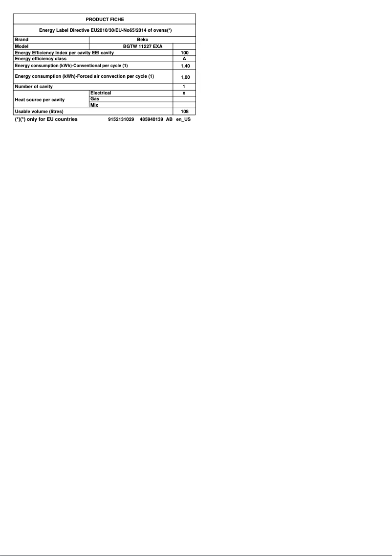 Page 1 de la notice Fiche technique Beko BGTW 11227 EXA