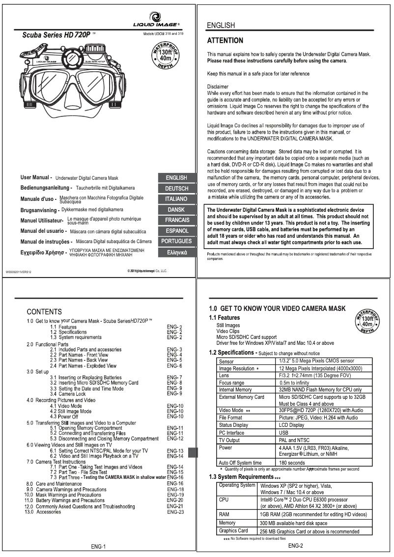 Image de la première page du manuel de l'appareil Liquid Image "Scuba 720p", XL