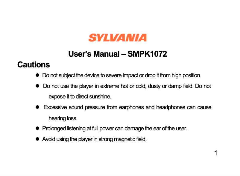 Page 1 de la notice Manuel utilisateur Sylvania SMPK1072