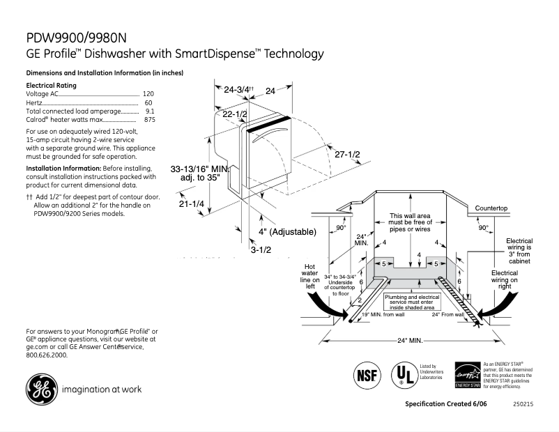Page 1 de la notice Fiche technique GE Profile PDW9900NBB