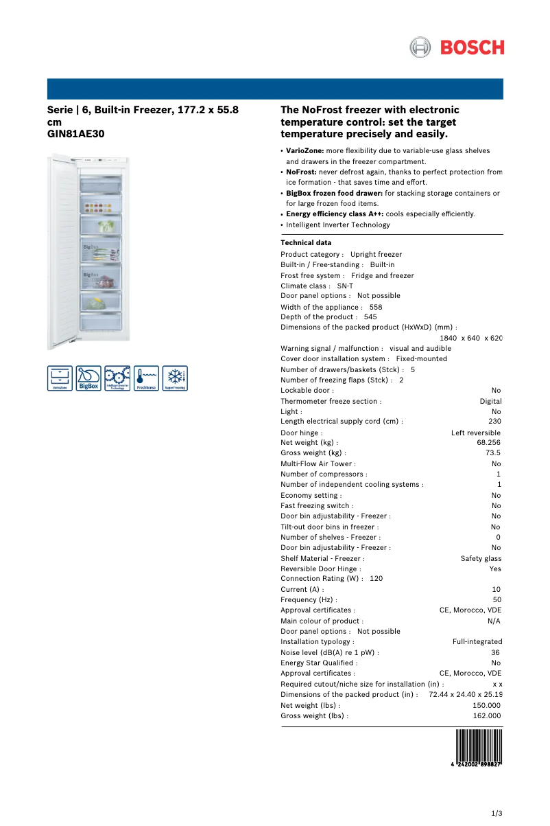 Page 1 de la notice Fiche technique Bosch Serie 6 GIN81AE30