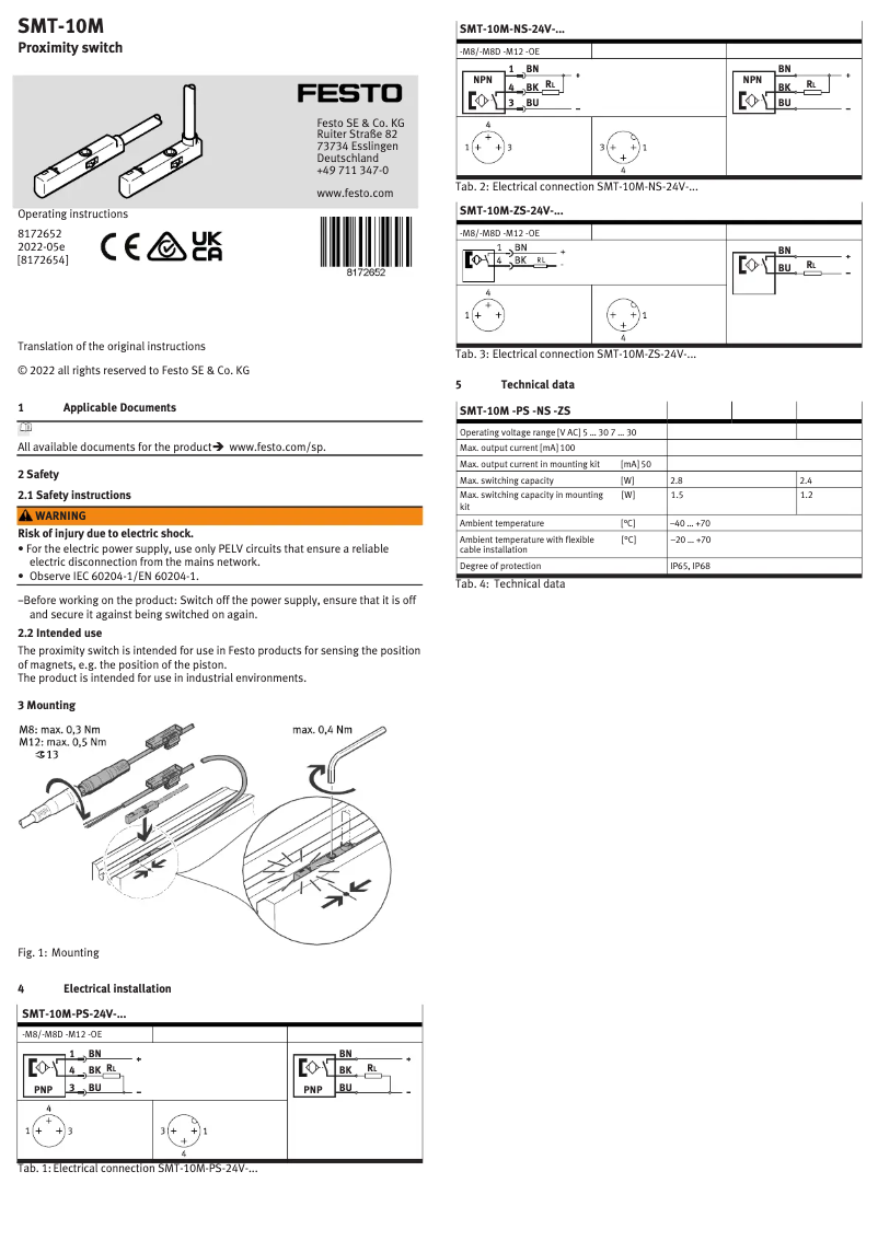 Page 1 de la notice Manuel utilisateur Festo SMT-10M-PS-24V-E-0,3-L-M8D