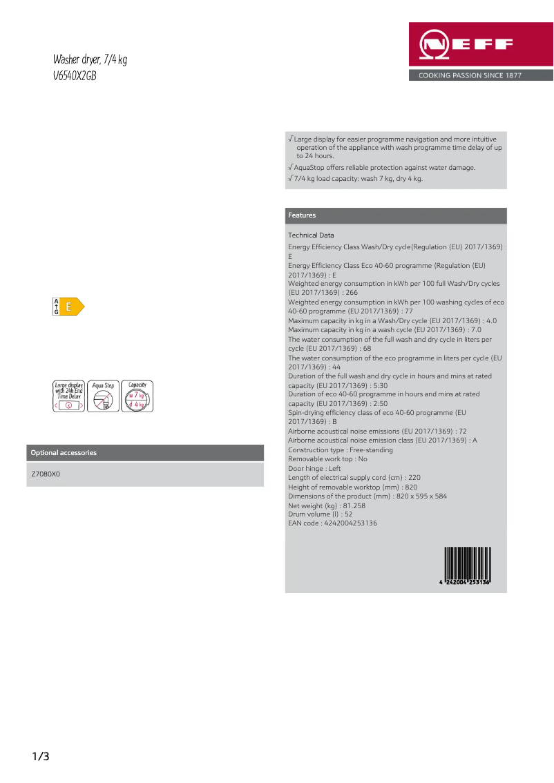 Page 1 of the manual Technical Sheet Neff V6540X2GB