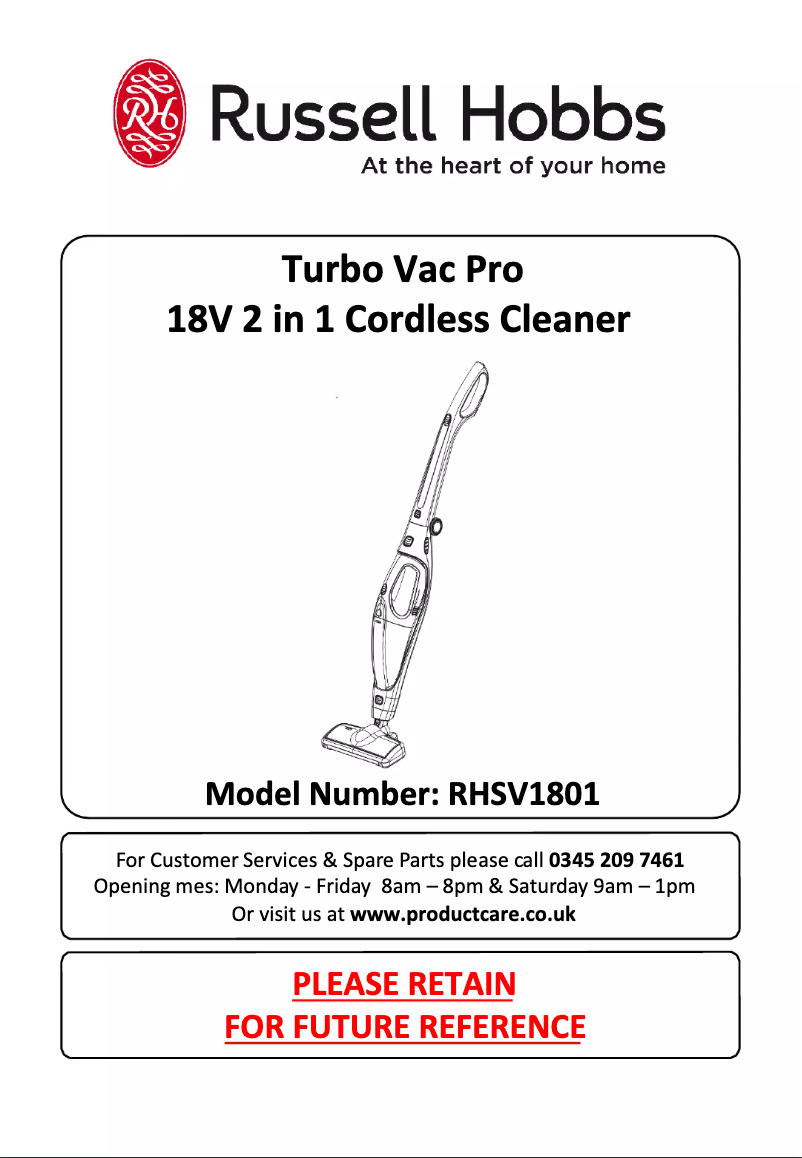 Page n°1 - Manuel utilisateur Russell Hobbs Turbo Vac Pro RHSV1801