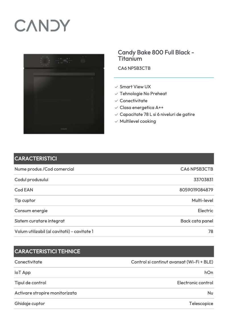 Page 1 de la notice Fiche technique Candy CA6 NP5B3CTB