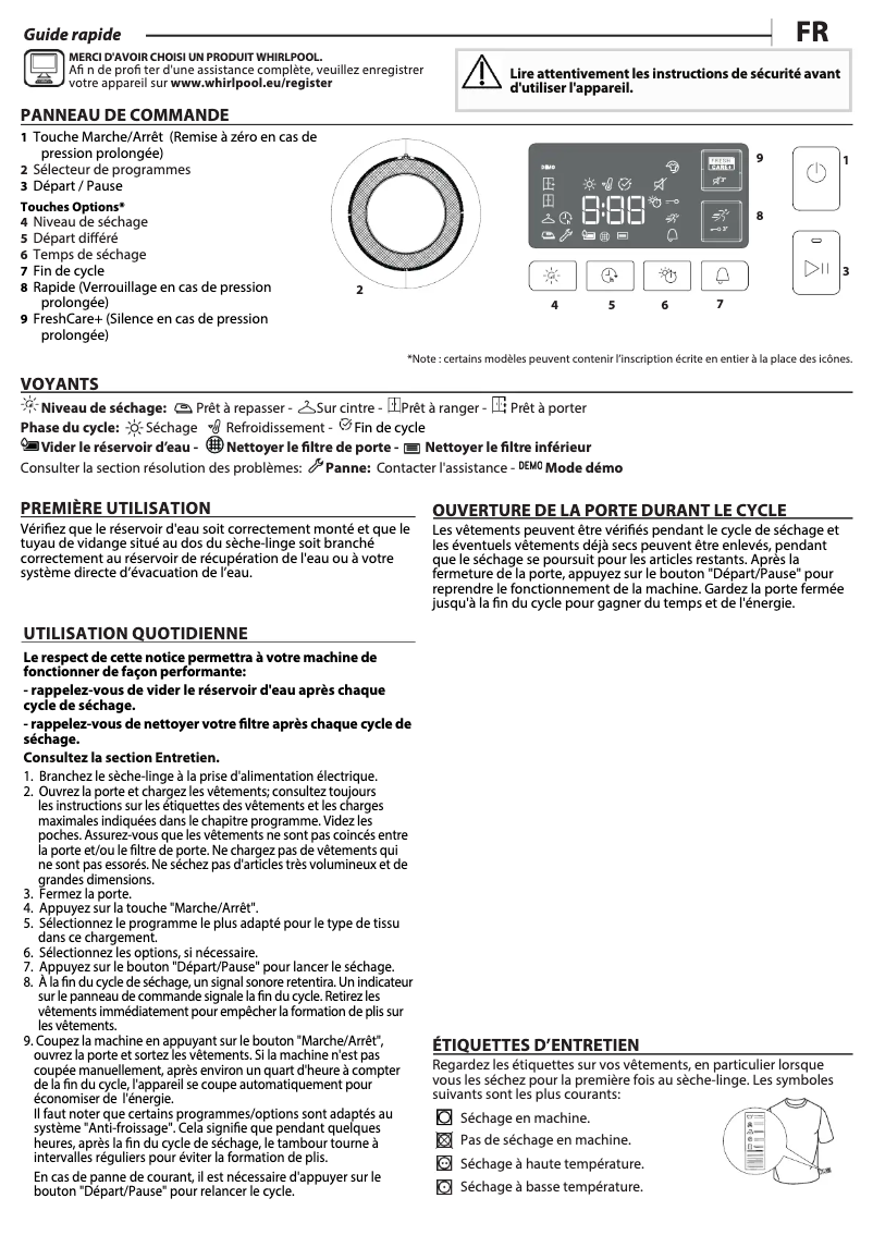 Page 1 de la notice Manuel utilisateur Whirlpool FFT B CM11 8X B FR