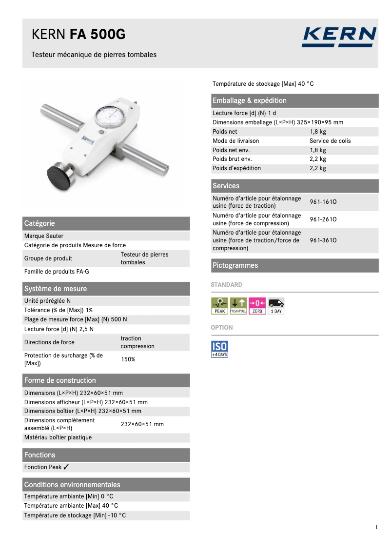 Page 1 de la notice Fiche technique Kern FA 500G