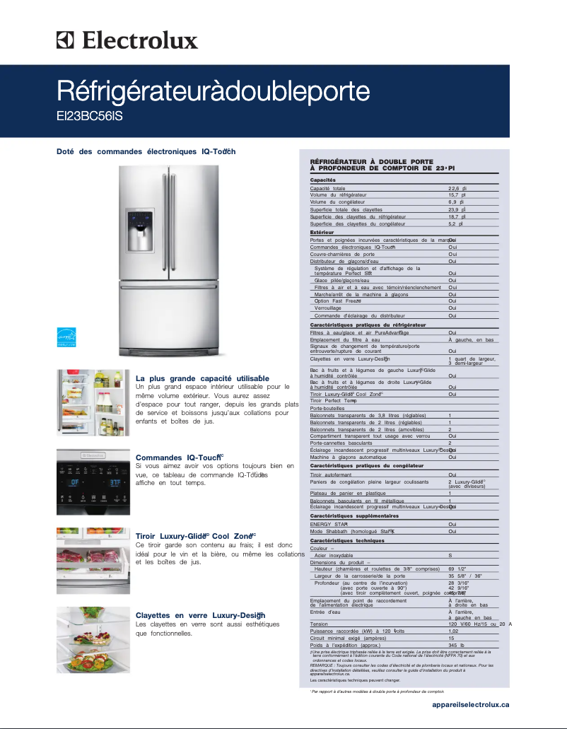 Page 1 de la notice Fiche technique Electrolux EI23BC56IS