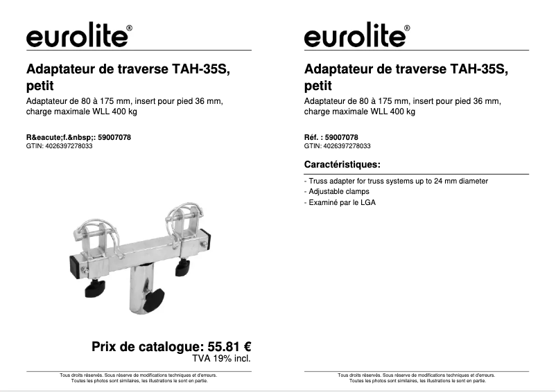 Page 1 de la notice Fiche technique Eurolite TAH-35S