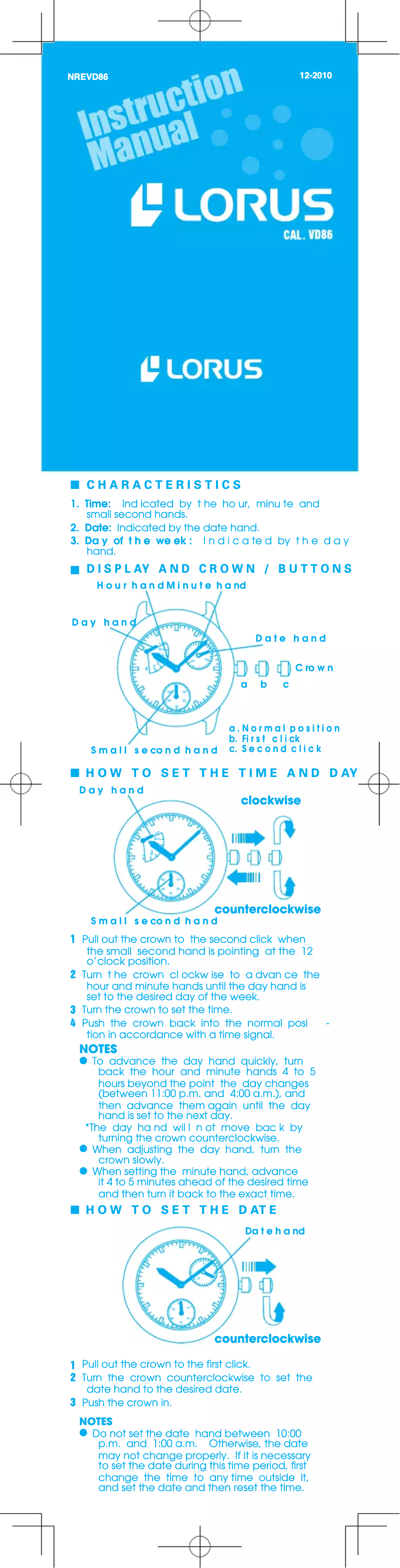 Page 1 de la notice Manuel utilisateur Lorus VD86
