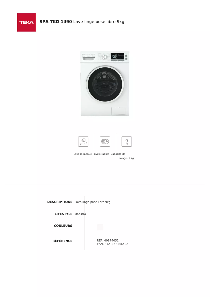 Page 1 de la notice Fiche technique Teka SPA TKD 1490