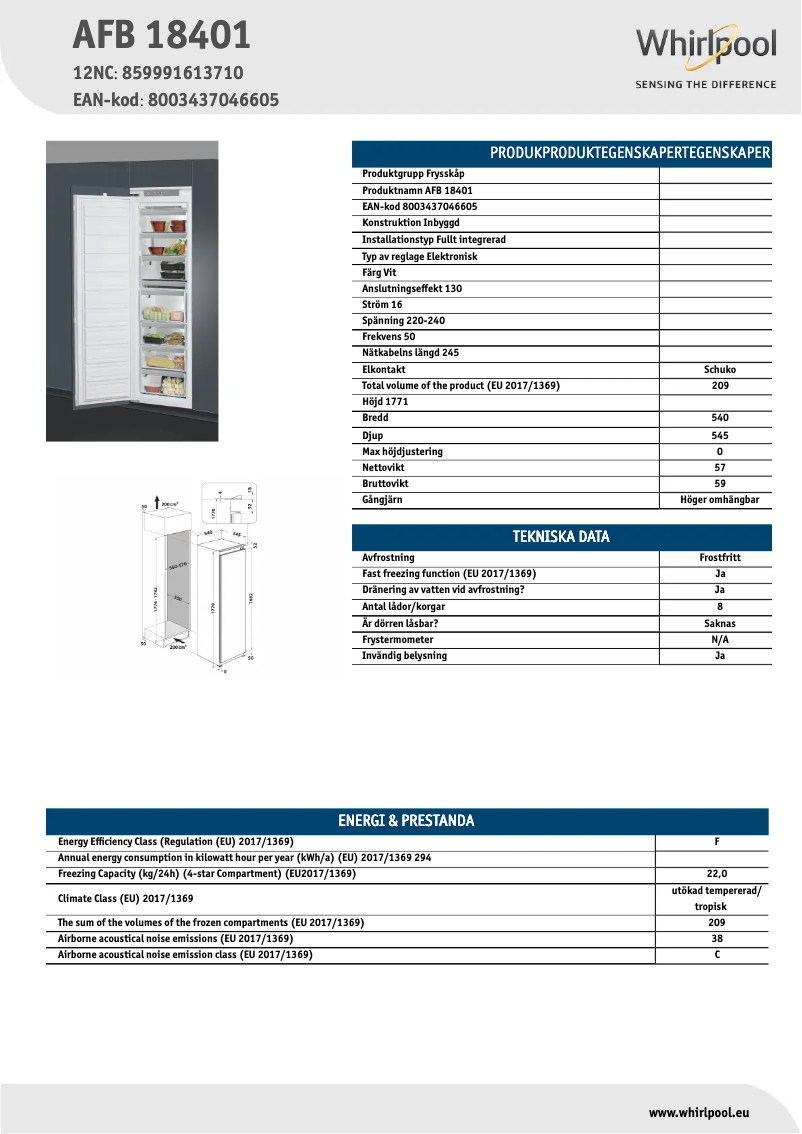 Page n°1 - Fiche technique Whirlpool AFB 18401