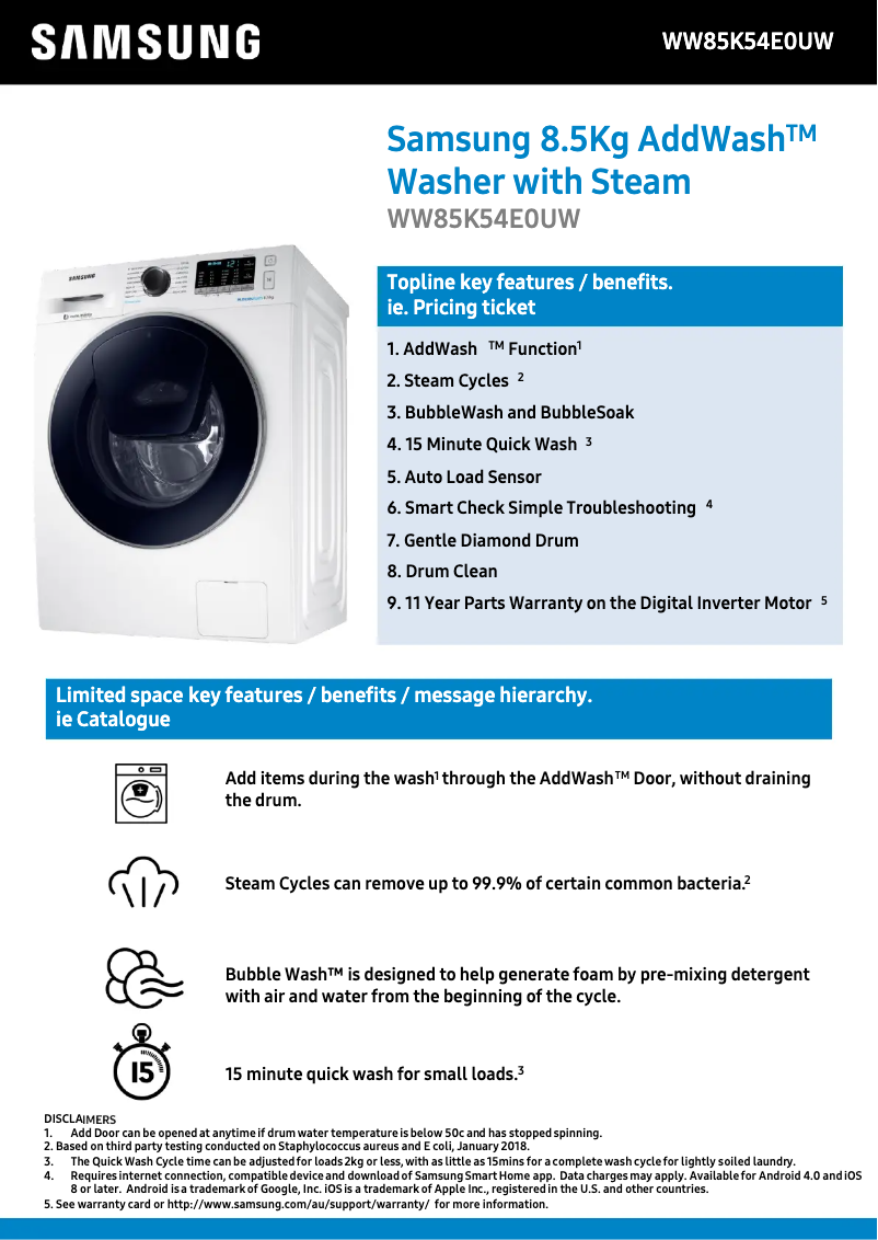 Page 1 de la notice Fiche technique Samsung WW85K54E0UW