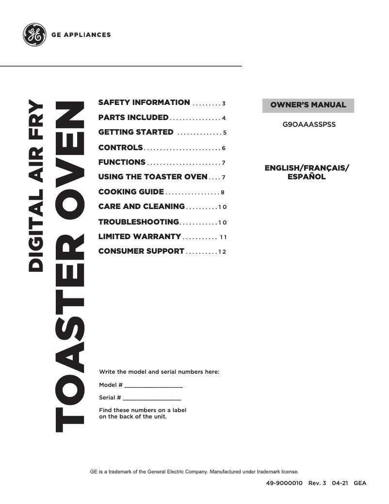 Página 1 del manual Manual de uso y mantenimiento GE G9OAAASSPSS