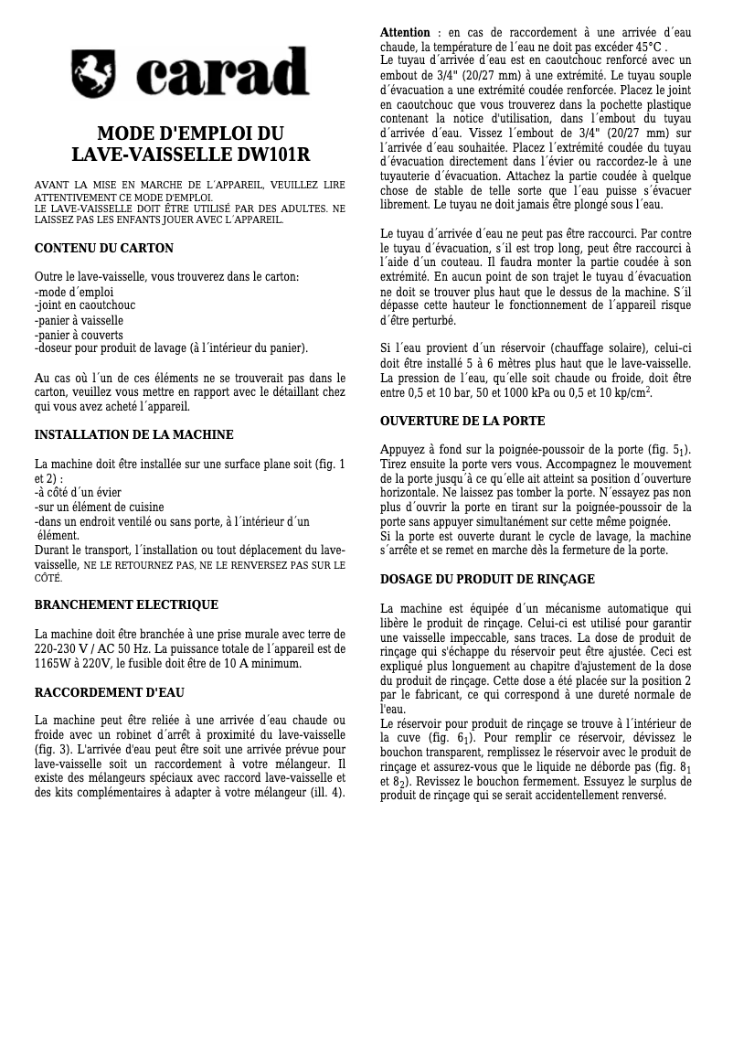 Page n°1 - Manuel utilisateur Carad DW101R