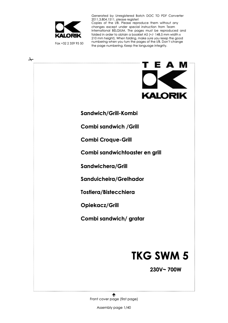 Page n°1 - Manuel utilisateur Kalorik TKG SWM 5