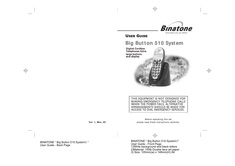 Page n°1 - Manuel utilisateur Binatone Big Button 510 System