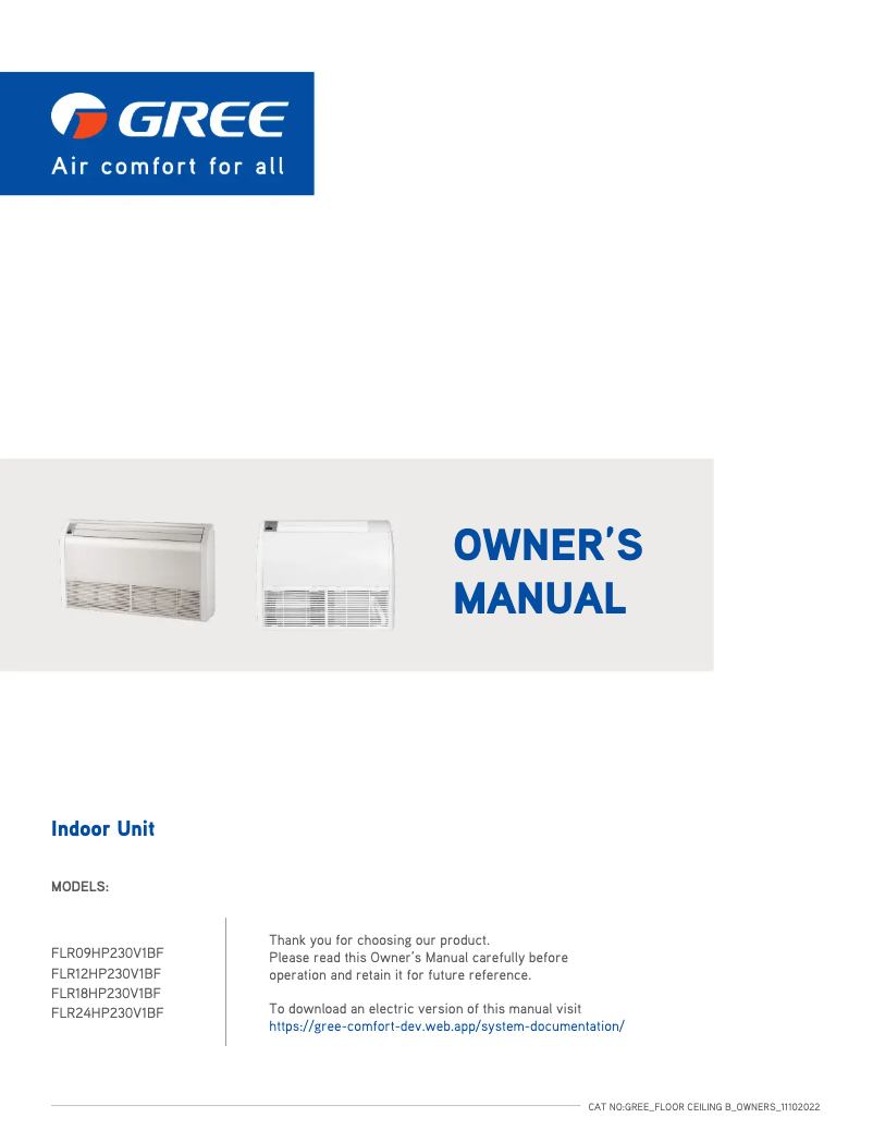 Page 1 de la notice Manuel utilisateur Gree FLR12HP230V1BF