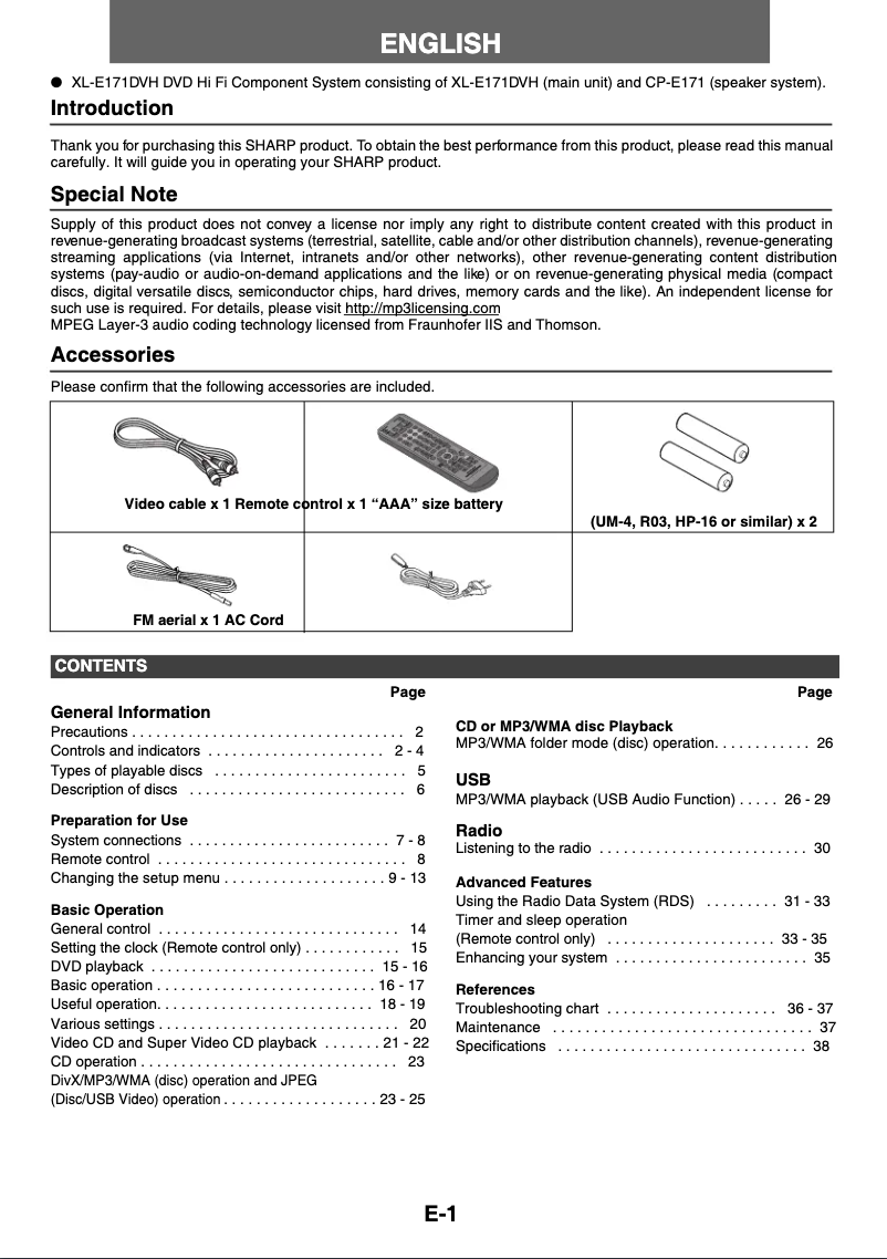 Page 1 of the manual User Manual Sharp XL-E171DVH